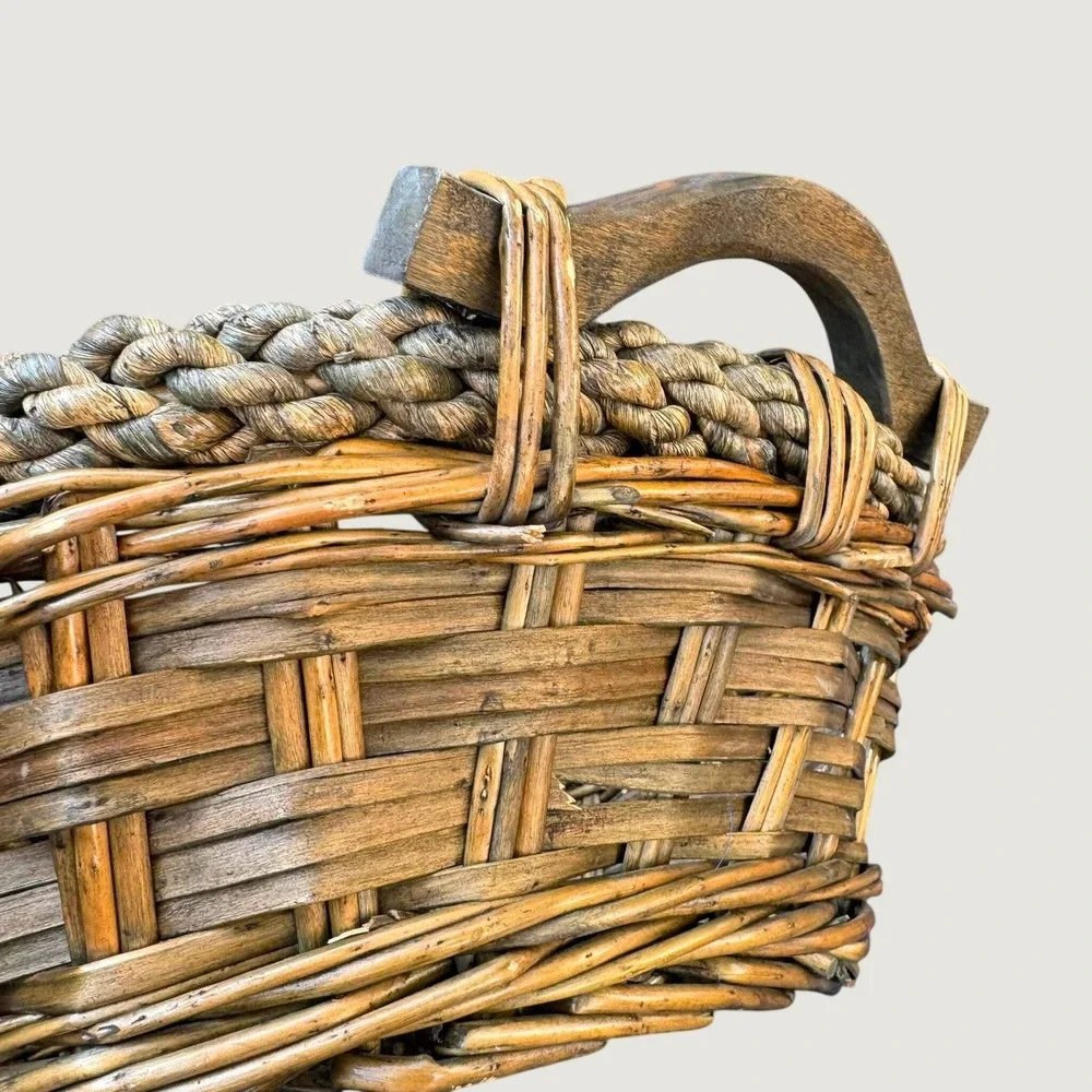 Rustic Woven Wicker Basket with Braided Vine Rim and Wooden Handles Oval Tray